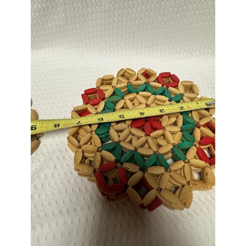 Set of 5 Vintage Wooden Bead and Bamboo Trivets Hot Pads Folk Art Retro MCM 7